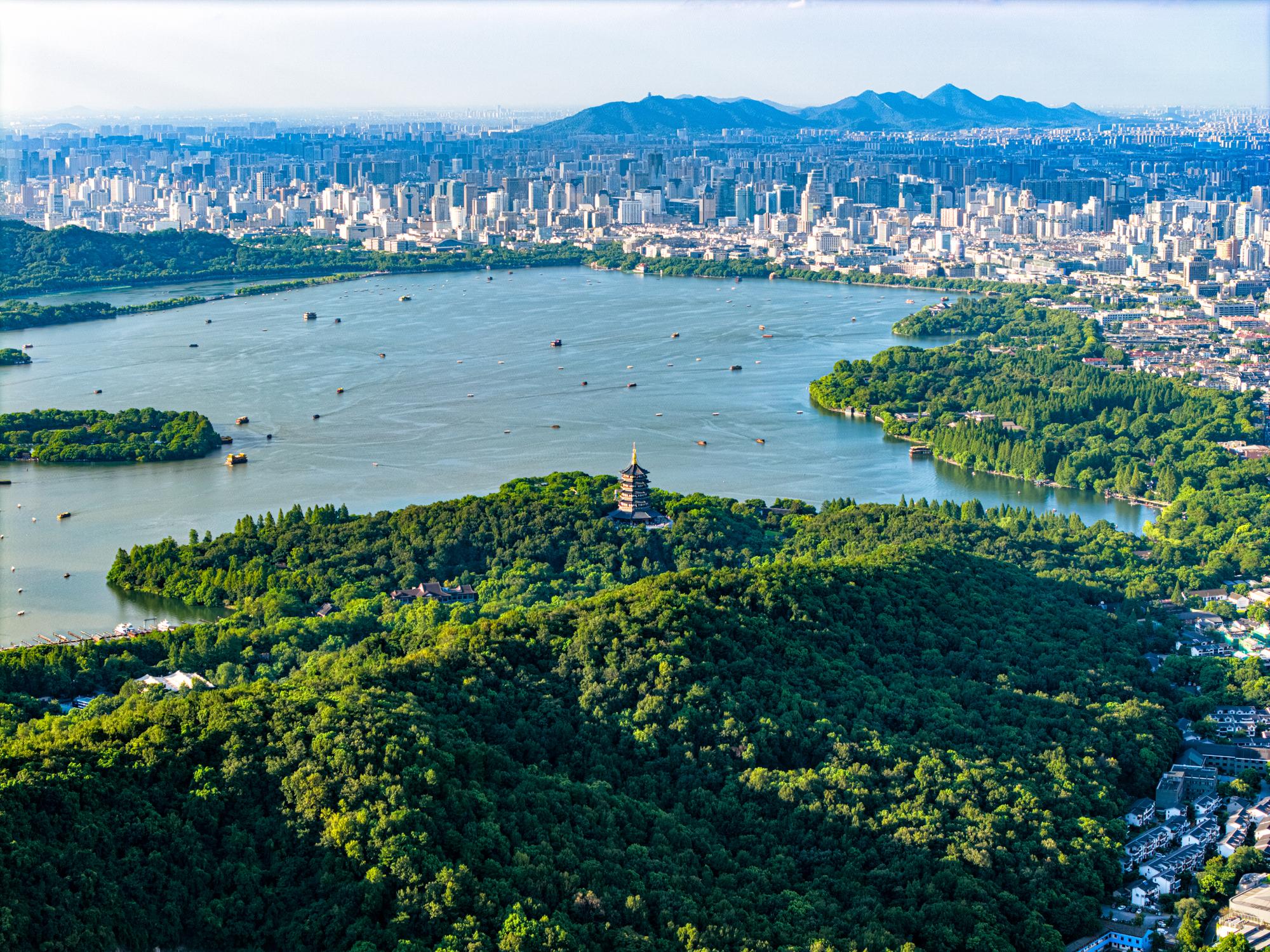 West Lake in Hangzhou, Zhejiang Province, China at sunset