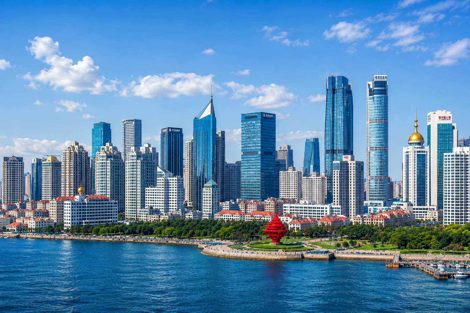 Skyline of Qingdao overlooking Jiaozhou Bay