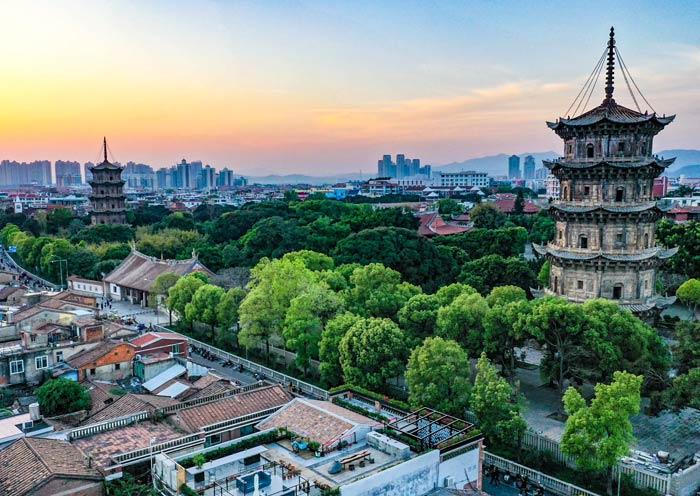 Quanzhou West Street and Kaiyuan Temple landmark in Fujian China