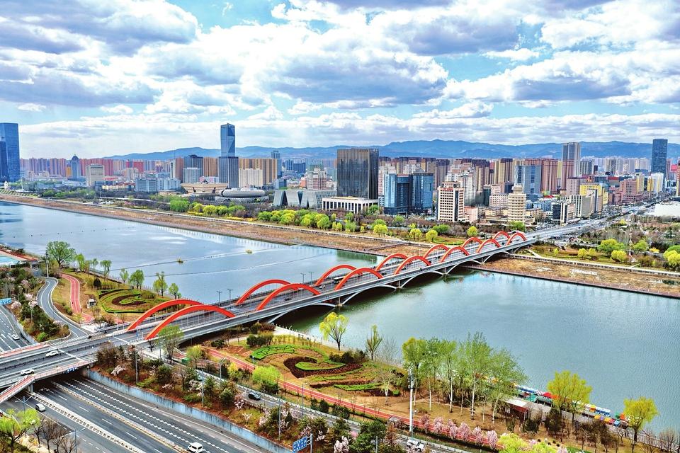 Taiyuan city skyline and modern urban landscape in Shanxi China